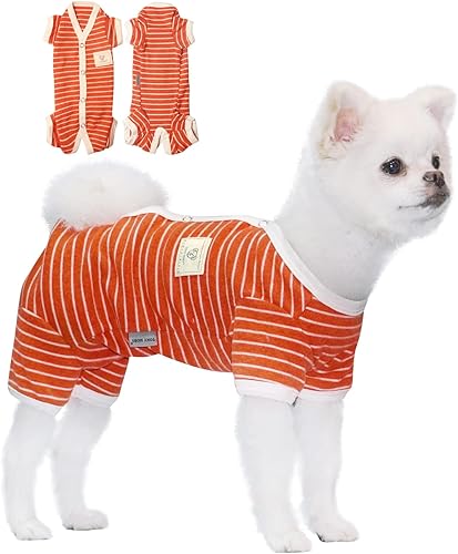 Miniatura 8 de TONY HOBY Pijama de perro para mascotas, pijama de perro de 4 patas con rayas, ropa de algodón suave para recuperación de cirugía (XL, rosa + niña