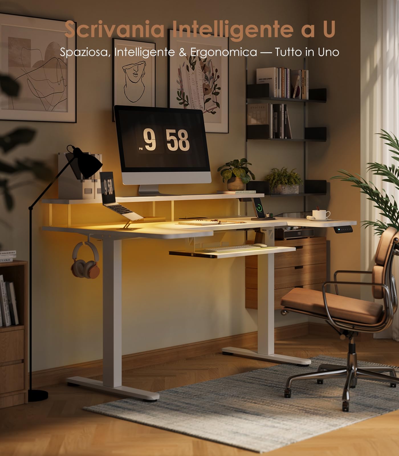 OffiGo Scrivania Elettrica con Supporto Monitor 140×74 cm, Bianco | Piano forma a U, USB e prese integrati, Scrivania motorizzata con 4 memorie, Scrivania regolabile per home office