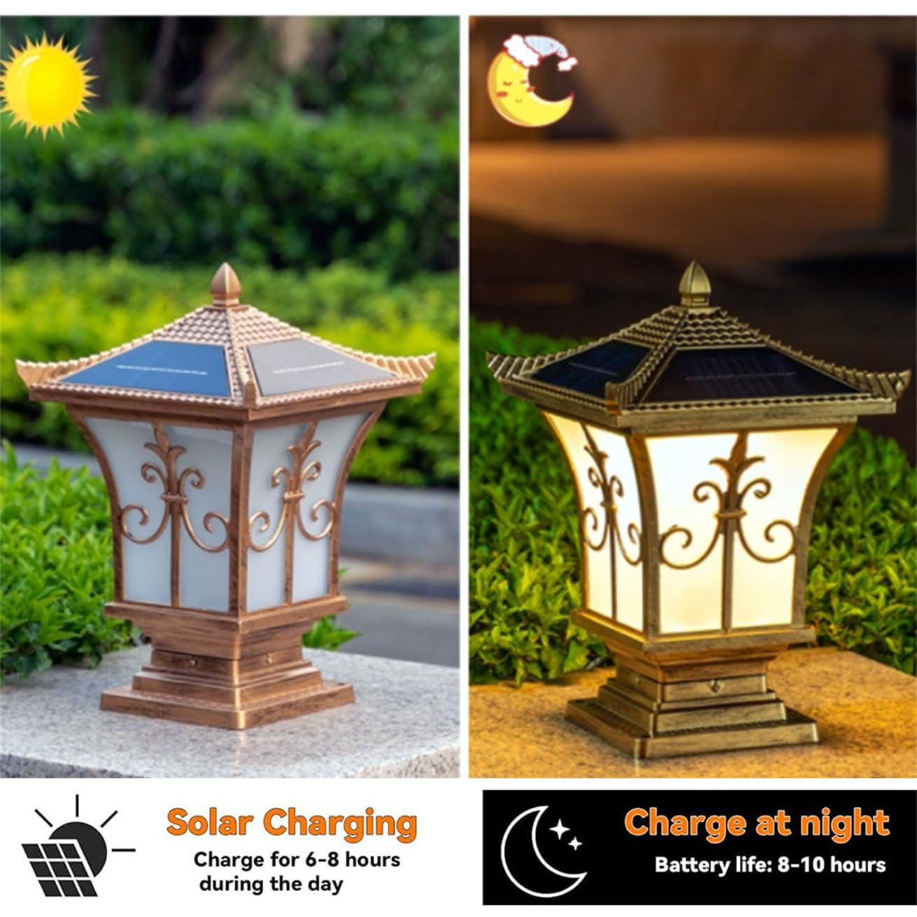 Duża solarna lampa podłogowa LED w kształcie kolumny, brązowy aluminiowy klosz i akrylowe lampiony w stylu vintage, idealna do ogrodów, tarasów i chodników (1 sztuka)