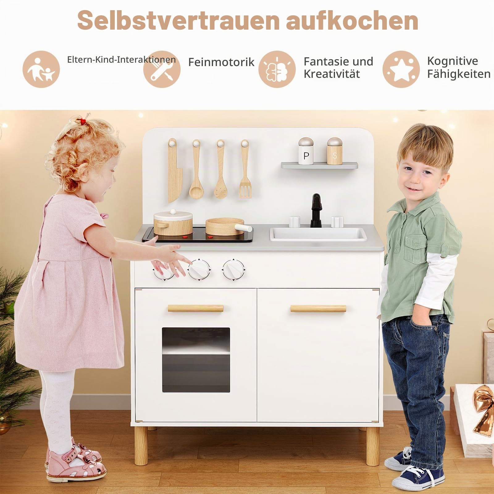 HOMASIS Kinderküche mit Licht & Sound, Spielküche aus Holz mit 10 Spielzubehör, Spielzeugküche mit Spüle Herd Backofen, Holzküche Miniküche Küchenspielset für Kinder ab 2 Jahre (Weiß)