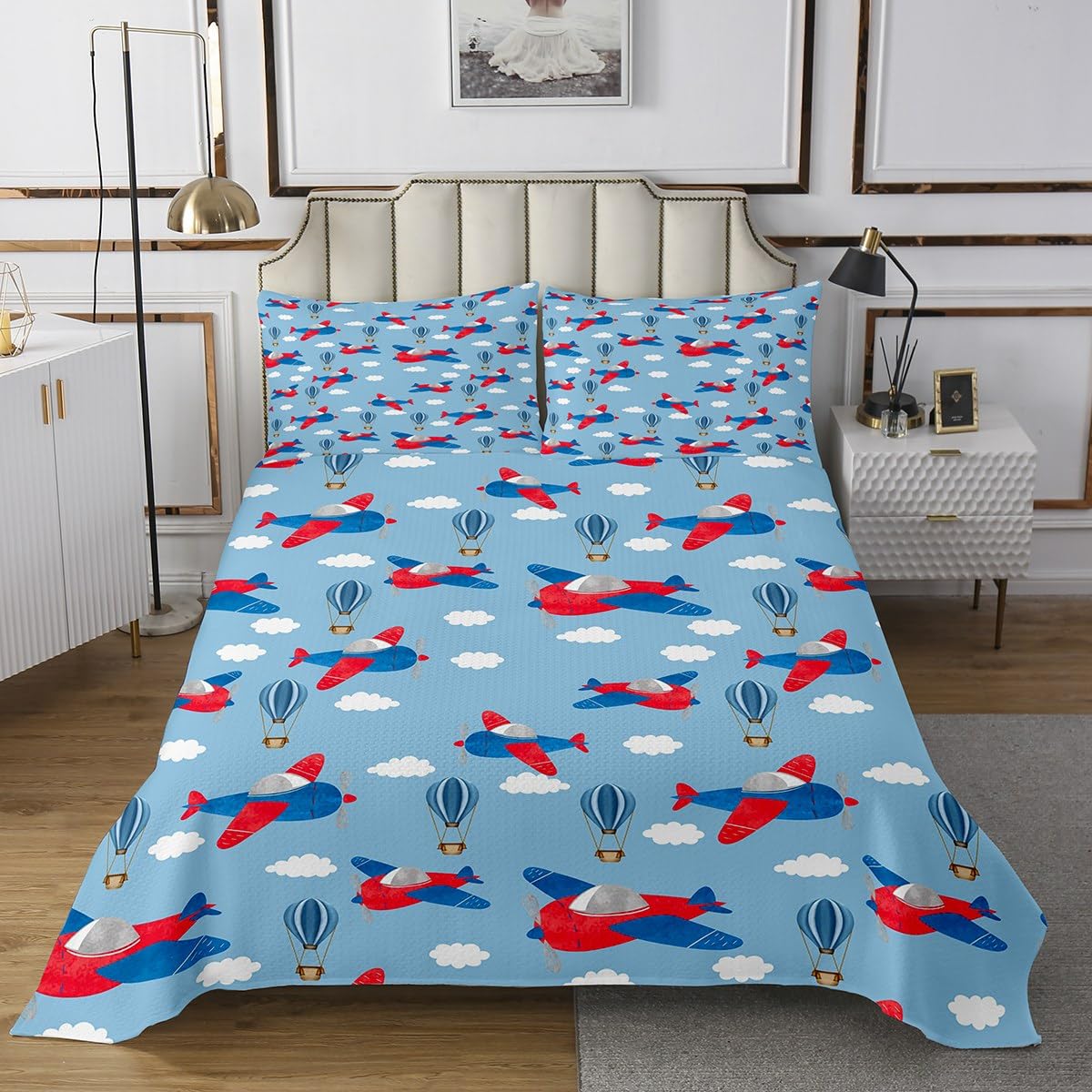 Erosebridal Kids Red Blue Plane Bedspread Queen Size Cartoon Aircraft Quilt Set, Sky Cloud Coverlet Set Blue Hot-Air Balloon Bedding Set, Boys Girls Flying Airplane Bed Cover Lightweight Soft 3pcs
