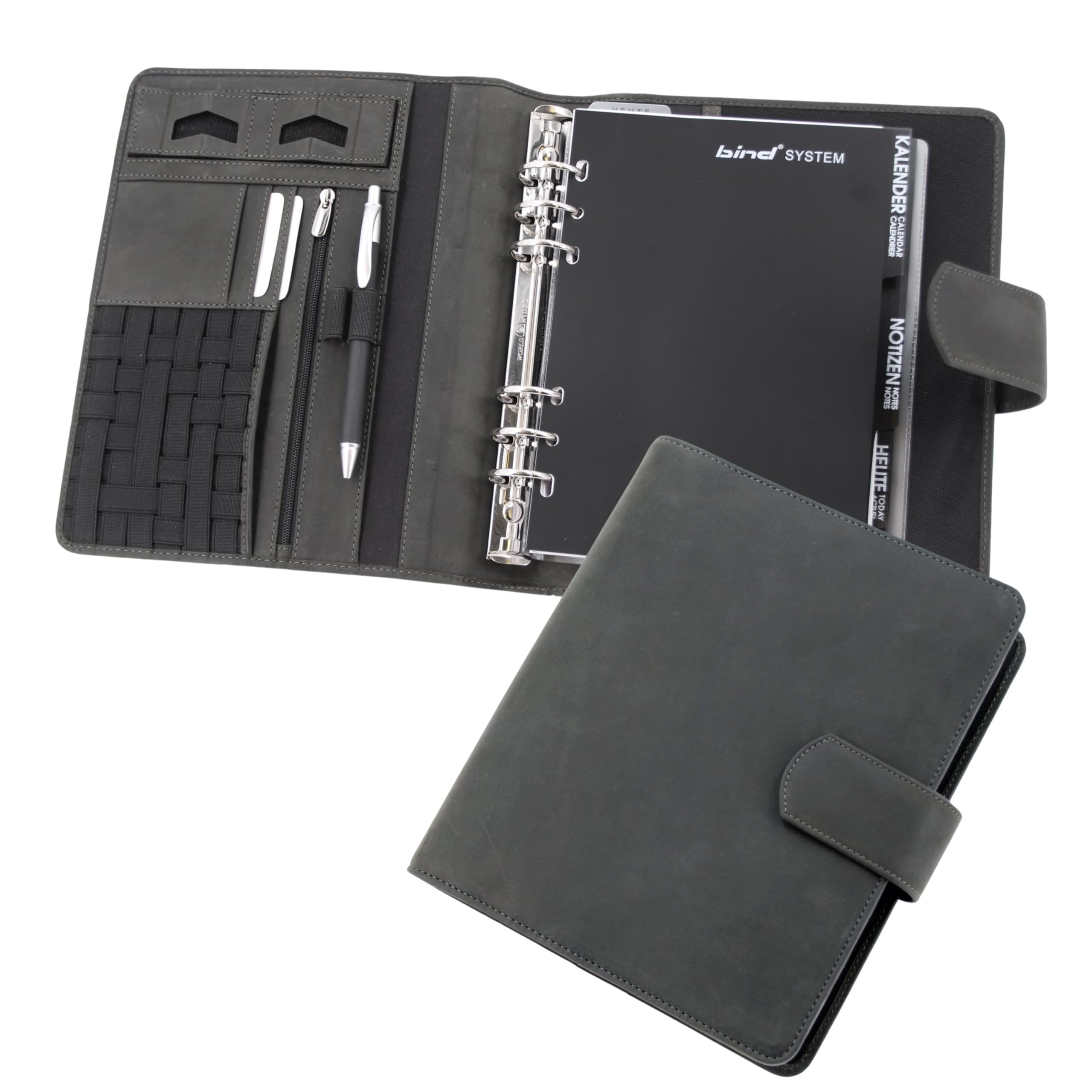 Bind 15505 - Systemplaner A5, Timeplaner aus Leder, Managerplaner in grau, Terminplaner mit Systemeinlage Manager, Kalender 1 Woche = 2 Seiten, Planer mit Magnetverschluss ca. 24,5 x 20 cm, braun