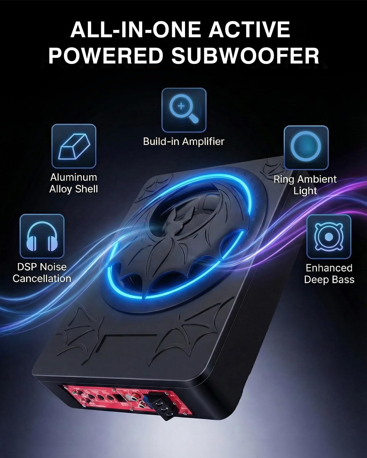 Subwoofer Activo para Coche, Que se Puede Instalar Debajo del Asiento, con una Potencia Máxima de 1200 Vatios, Amplificador Integrado y Luces Ambientales RGB Controlables a Través de Una Aplicación