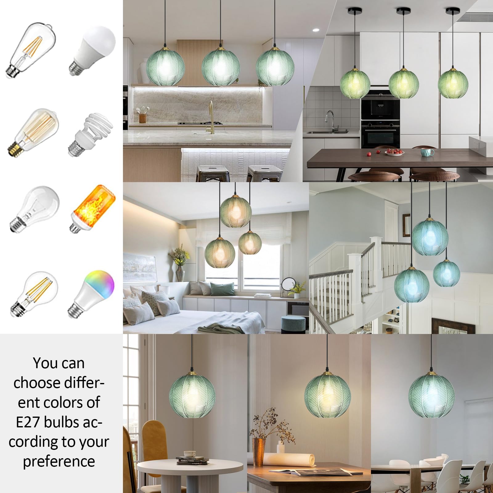 Lampada a Sospensione, Moderna lampadario Lampada a soffitto Industriale a Sospensione con Paralume in Vetro Verde per la Colazione Bar Angolo Cucina Isola Sala da Pranzo Soggiorno (3Light)