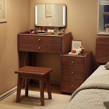 Vanity Table with LED Lighted Mirror, Makeup Desk with Dual Drawers, Makeup Chair and Glass Top, Dresser Multiple Color Options, Side Cabinet Interchanged Left and RightWalnut,Mod.B,23.6in