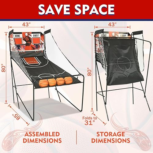 Miniatura 6 de RayChee Juego de arcada de baloncesto plegable, arcada de baloncesto interior con 4 bolas y sistema de puntuación LED, juego electrónico de doble