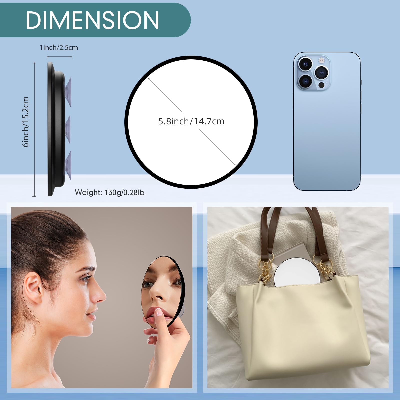 10X Vergrößerungsspiegel mit 3 Saugnäpfen, großer Spiegel mit 15cm Vergrößerung 10X Runder Reise-Schminkspiegel mit hoher Vergrößerung, Make up Spiegel mit Pinzette Sets