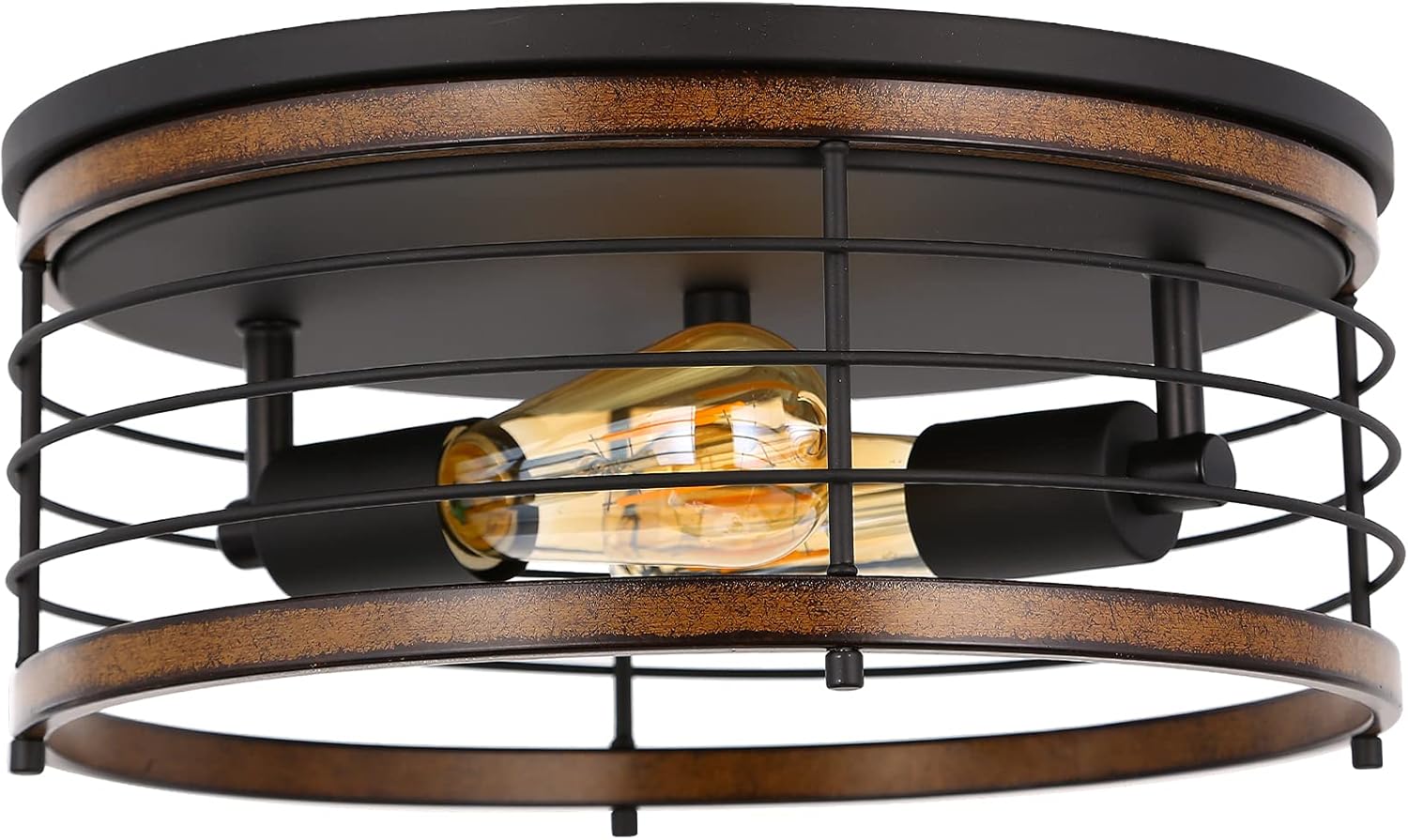 Close To Ceiling Lights, 13 inches 2 Lights Flush Mount Ceiling Light Fixture, Cylindrical Metal Imitation Wood Ceiling Lamp, Industrial Farmhouse Ceiling Light for Hallway, Entryway, Bedroom, Balcony - - 