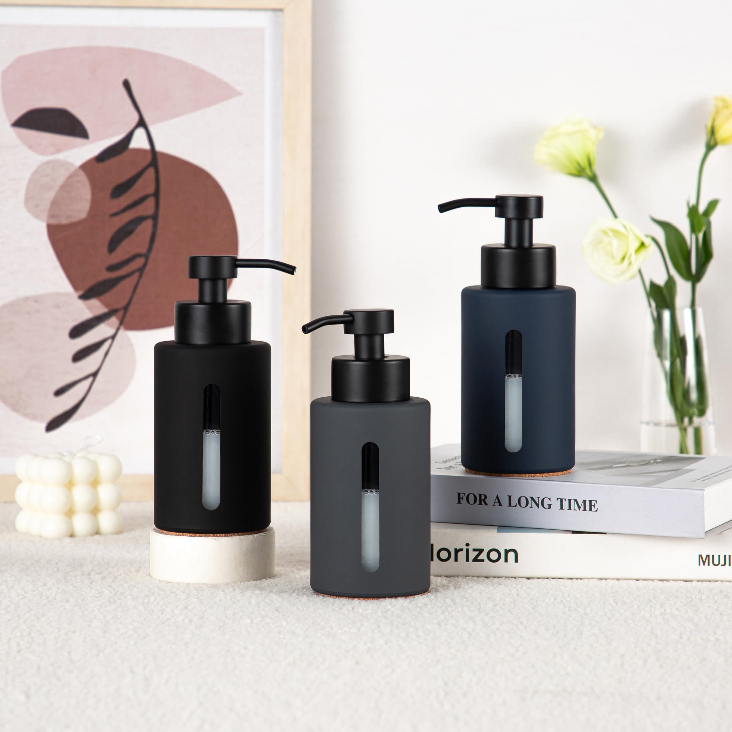 Enra Dispenser di sapone in vetro con pompa in acciaio inossidabile opaco, dispenser di sapone liquido e manuale da 350 ml, con rivestimento in gomma, per bagno e cucina (nero)