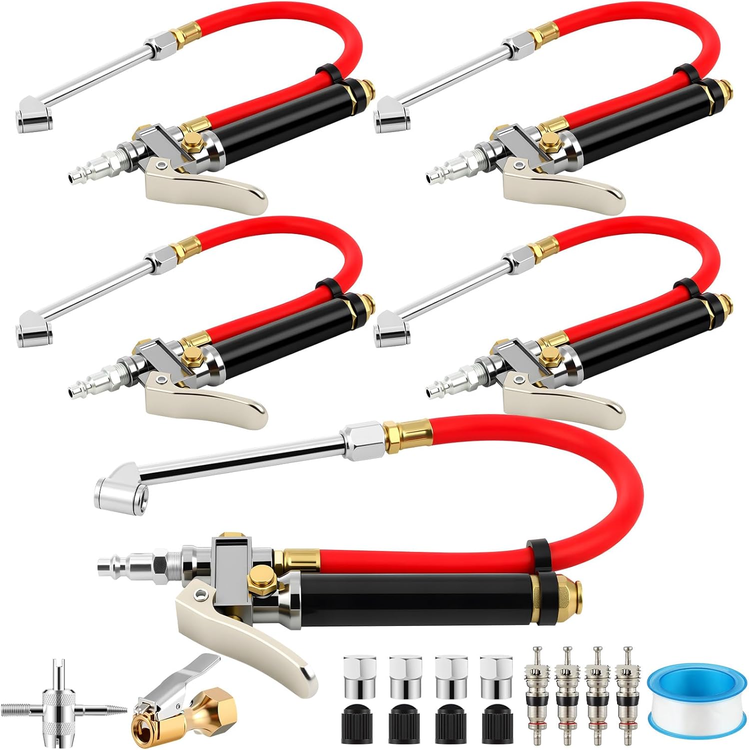 Tallew 4 Set 10-120 PSI Heavy Duty Tire Inflator Gauge with Inflator Air Chuck Pressure Gauge 4 Way Valve Cores Nozzle Air Compressor Attachments for Cars Trucks Automotive Maintenance