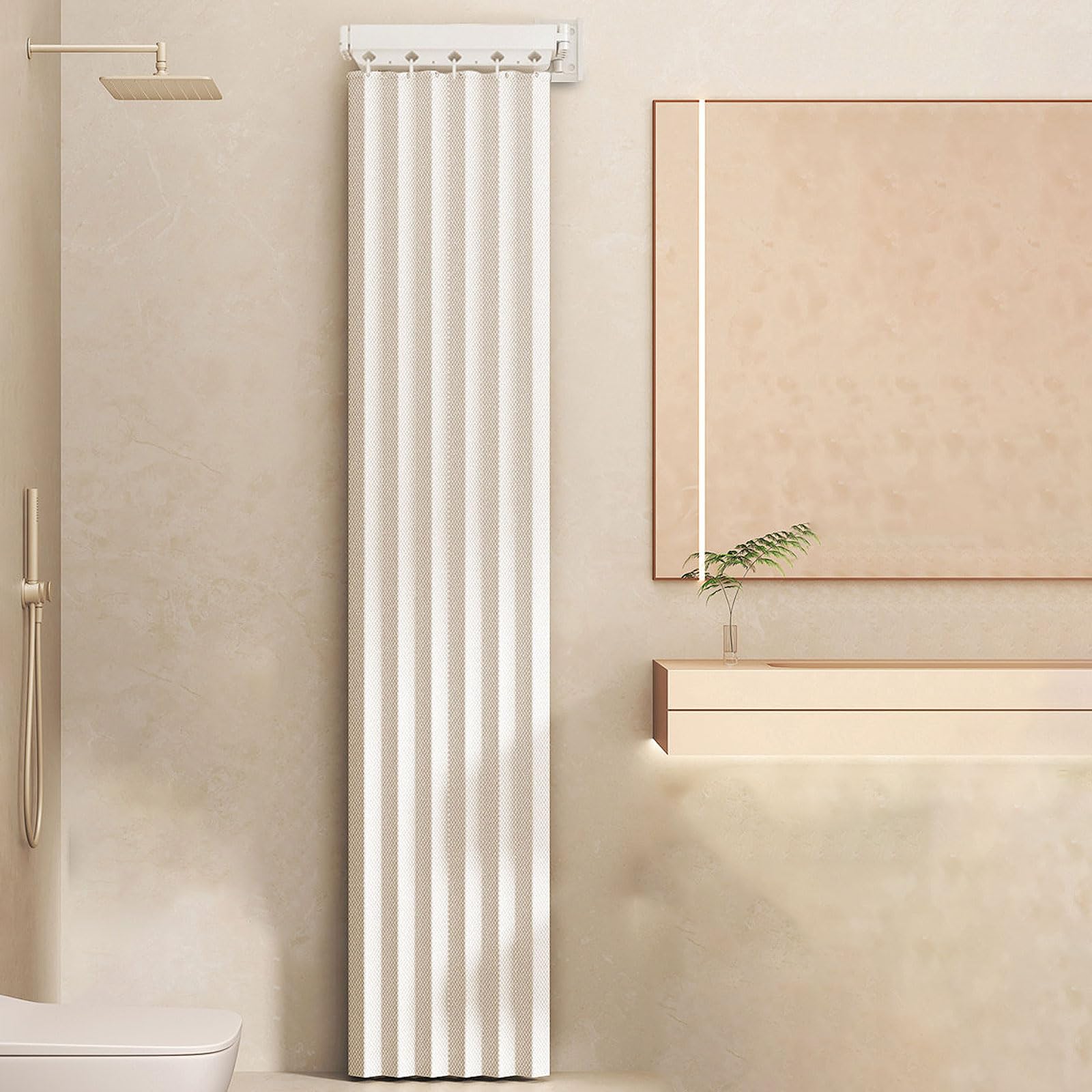 WQPMNYG Adjustable No Drill Foldable Shower Curtain Rod with Waterproof Curtain U-Shaped Retractable Design for Small Bathrooms RVs and Changing Rooms - Space-Saving Solution