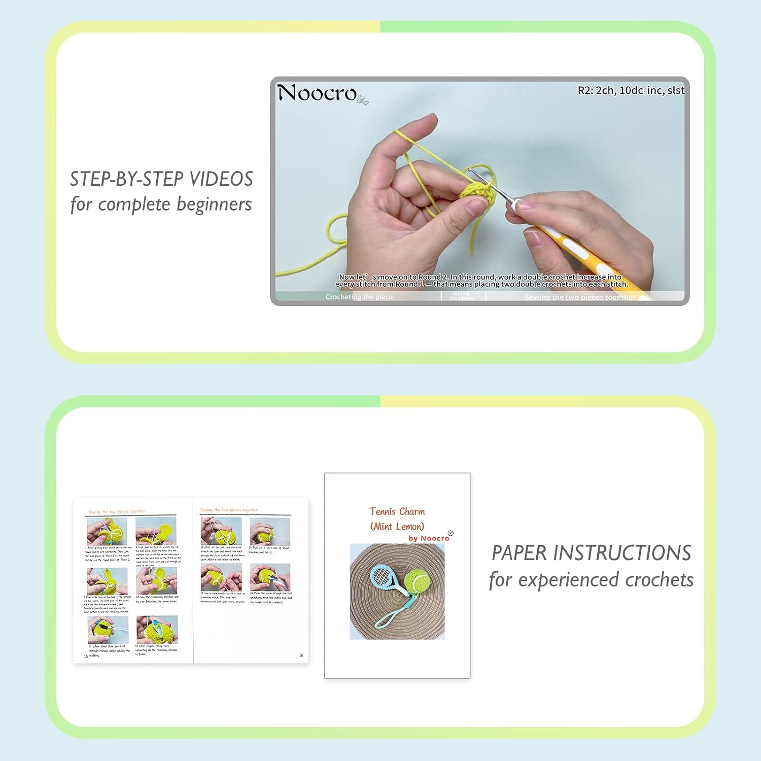 Noocro Tennis Charm Crochet Kit – DIY Yarn Keychain Kit with Hook, Stitch Markers, Key Ring, Guide & Video – Fun Beginner Project or Creative Gift Idea (Mint Lemon)