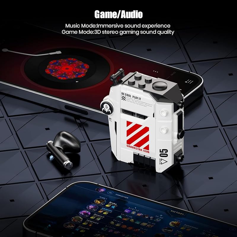 GravaStar Sirius P5 Bluetooth Fülhallgató - Cserélhető Mecha Töltőtokkal, 40 Órás Üzemidő, IPX4 Vízállóság, 12mm Meghajtók, Sci-Fi Dizájn