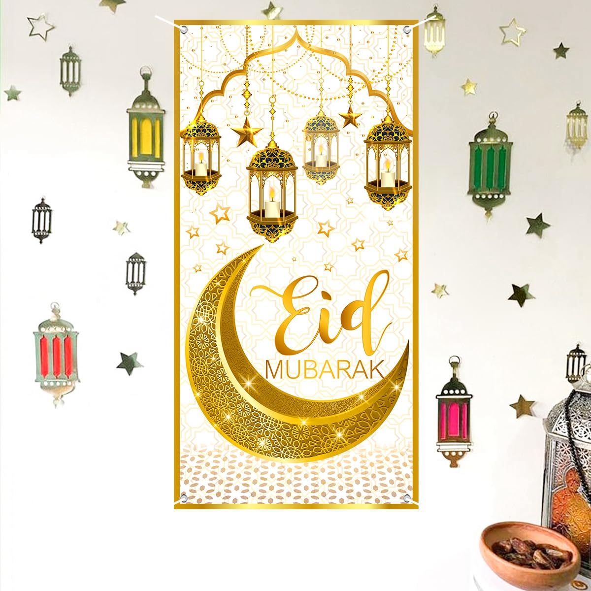 Eid Ramadan Banner, Golden Crescent Moon and Lantern Photo Booth Backdrop, White Muslim Ramadan Islamic Banner for Indoor and Outdoor Home Decor Party Supplies Festival Decoration