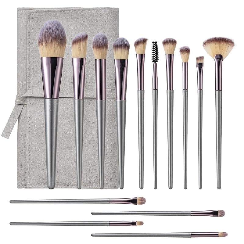 Kit de Pincéis de Maquiagem Amrules com 14 Unidades e Bolsa de PU, Champagne