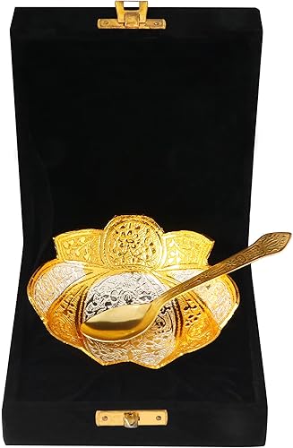Miniatura 5 de SATVIK - Juego de 1 tazón de fuente para servir en relieve con diseño de flores de loto bañadas en oro y plata, con cuchara, para Navidad,