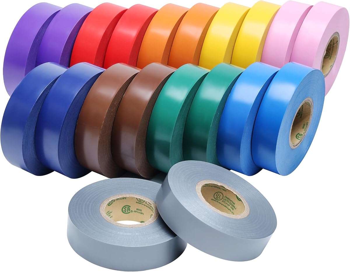 Lichamp 20 Pack Colored Electrical Tape Waterproof, 3/4 in x 66ft, Industrial Grade UL/CSA Listed High Temp Electrical Tape Colors Electric Super Vinyl, 2075C2