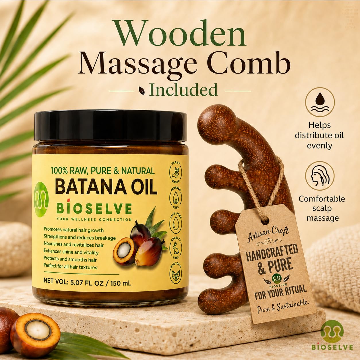 Raw Batana Oil Paste for Hair Growth & Deep Repair - 100% Organic - Strengthening & Anti-Frizz Formula - Pure & Natural Scalp Treatment with Handcrafted Wooden Scalp Comb - 5.07oz