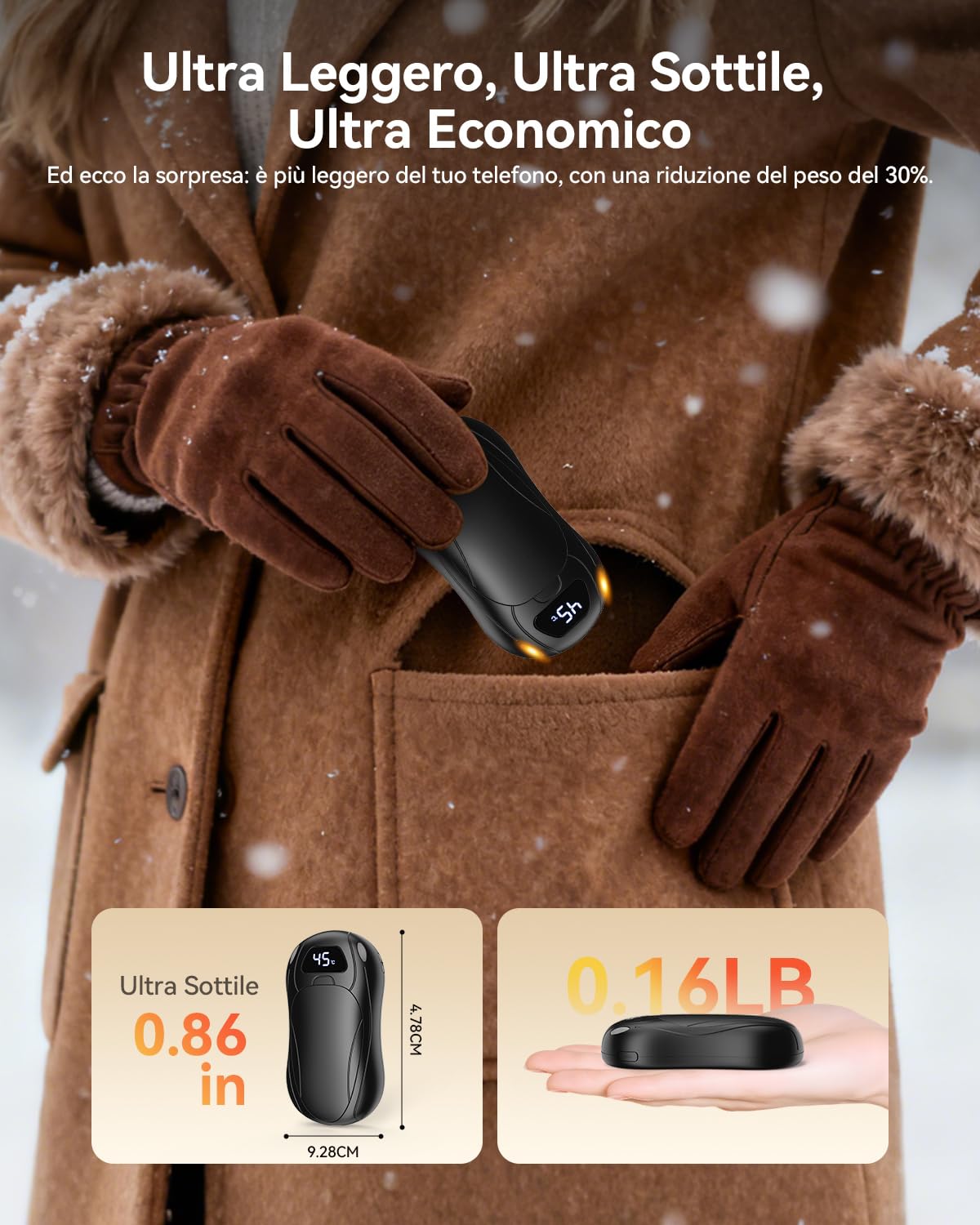 Scaldamani Elettrico, 6000 mAh Scaldamani Ricaricabile con LCD,35 °C-55 °C,Massima 12+ Ore,Riscaldamento Magnetico su Entrambi i Lati,Scaldamani Portatile Riutilizzabile per campeggio/Regali Invernali