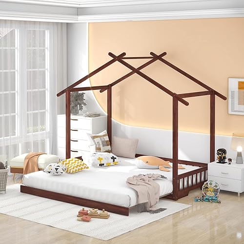 Miniatura 1 de Marco de cama de madera de tamaño individual con cama extragrande extensible, plataforma de suelo con techo y barandilla en forma de valla, no
