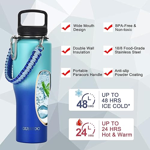 Miniatura 3 de Botella de agua aislada de 32 onzas con asas de paracaídas, correa, tapa de popote y tapa de boquilla, vaso de agua de acero inoxidable de metal,