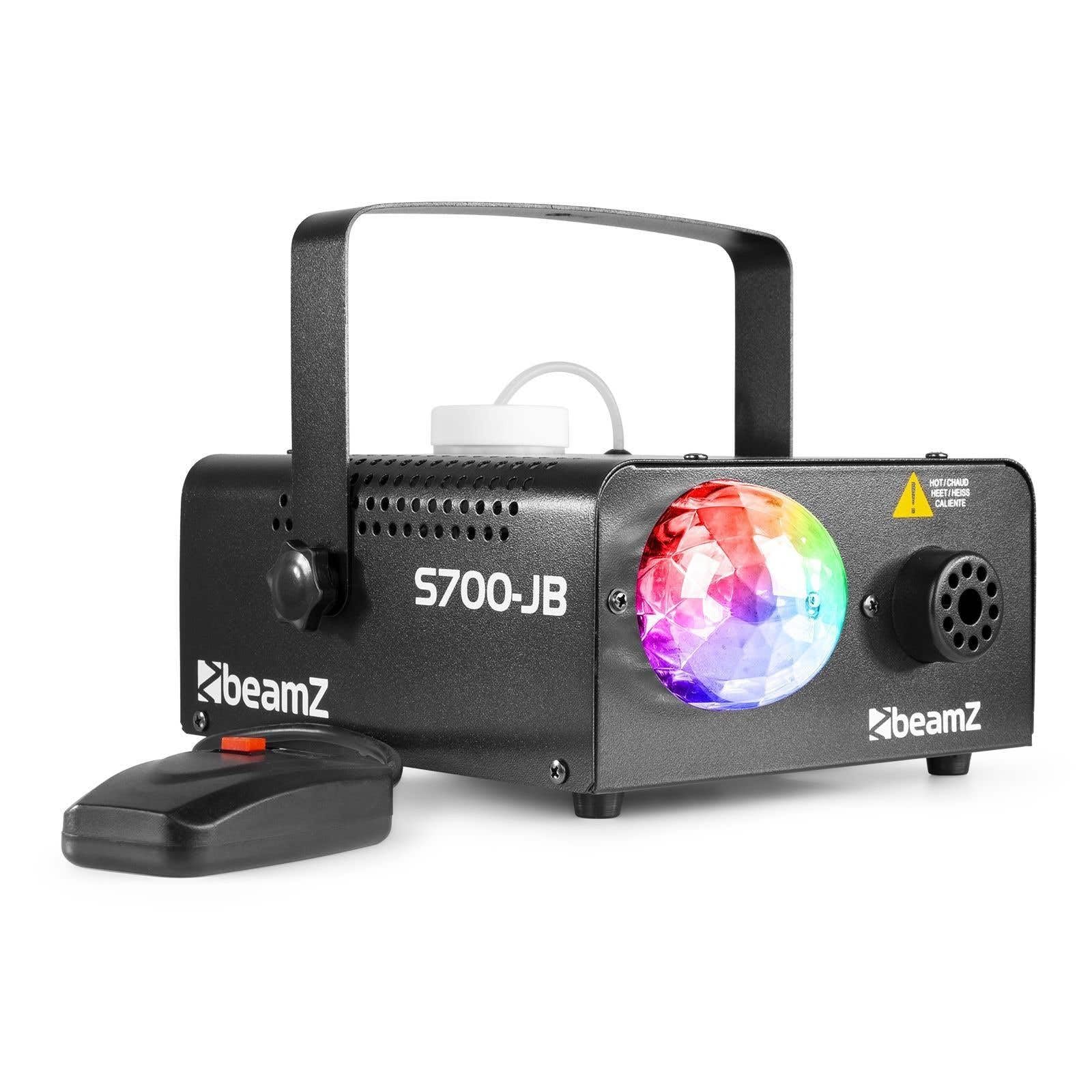 Beamz S-700-JB - Máquina de humo de 700W con efecto de iluminación Jelly Ball RGB, mando a distancia con cable e inalámbrico, deposito de 0,4L (incluye liquido humo) 3 leds de 3W RGB