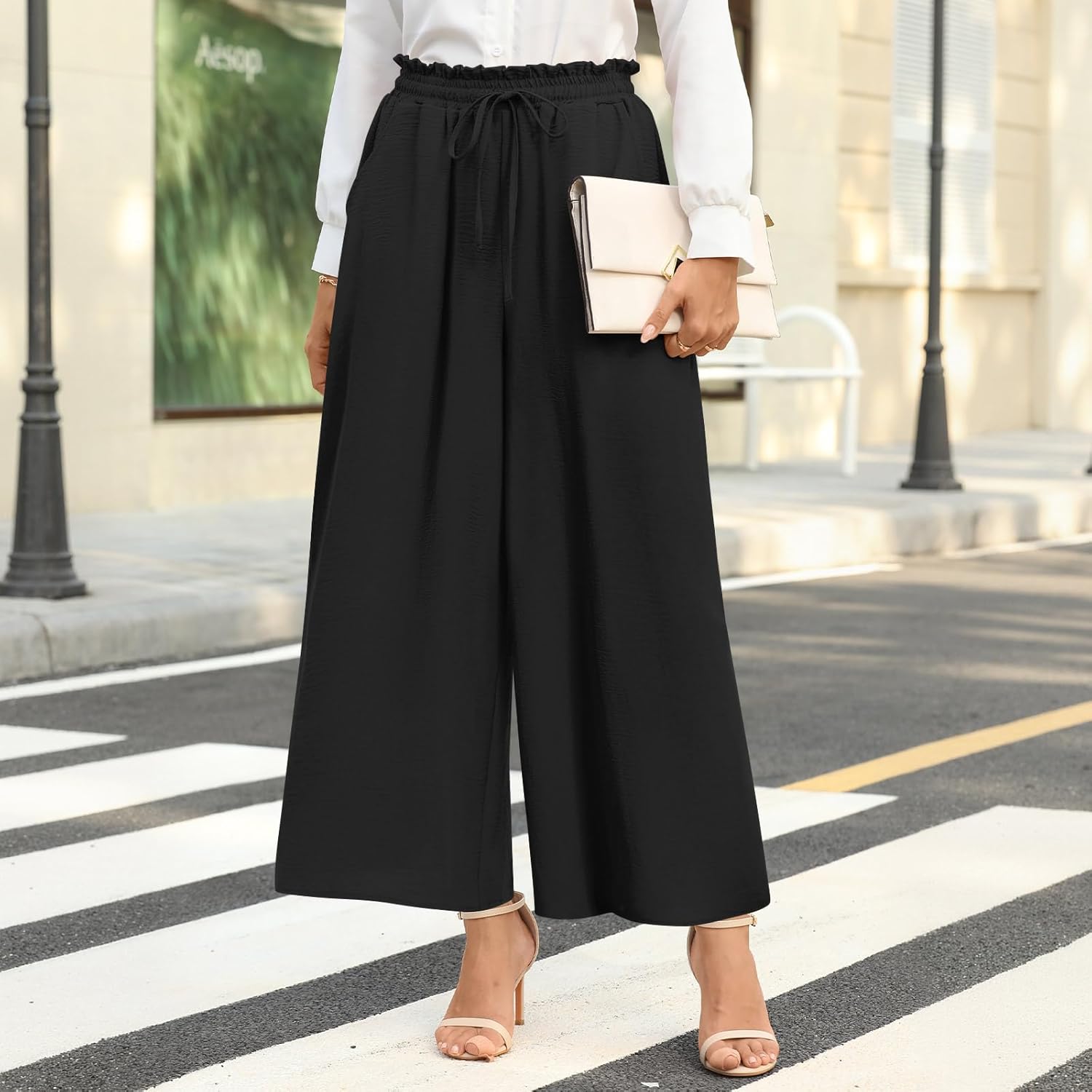 Bestbee Women's Wide Leg Palazzo Pants Dressy Casual Gaucho Pants Elastic Waist with Pockets - Image 2