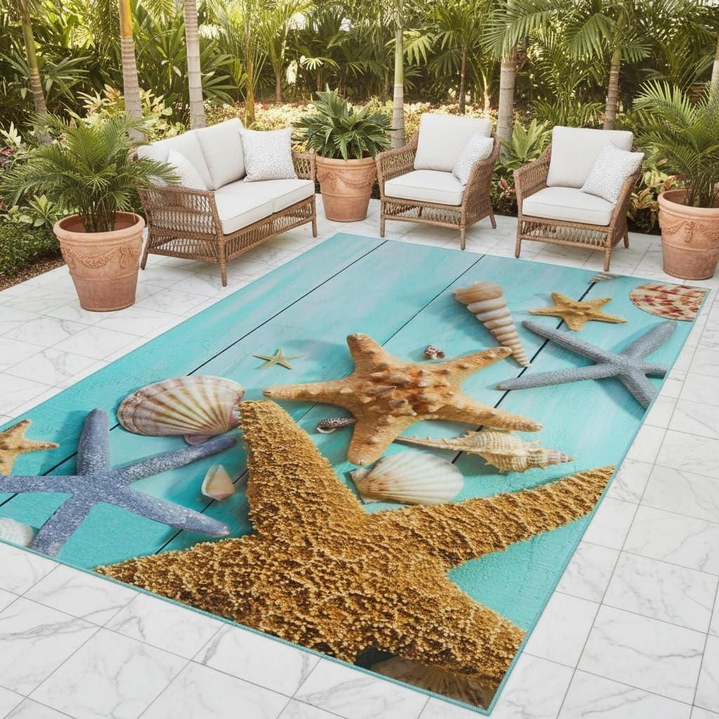Aqua Blue Wood Texture Ocean Theme Indoor Outdoor Rug for Backyard Balcony Patio Deck Pool Brown Starfish Shells Outdoor Area Rug 5x8 Machine Washable Waterproof Camping Rv Picnic Floor Carpet Mat