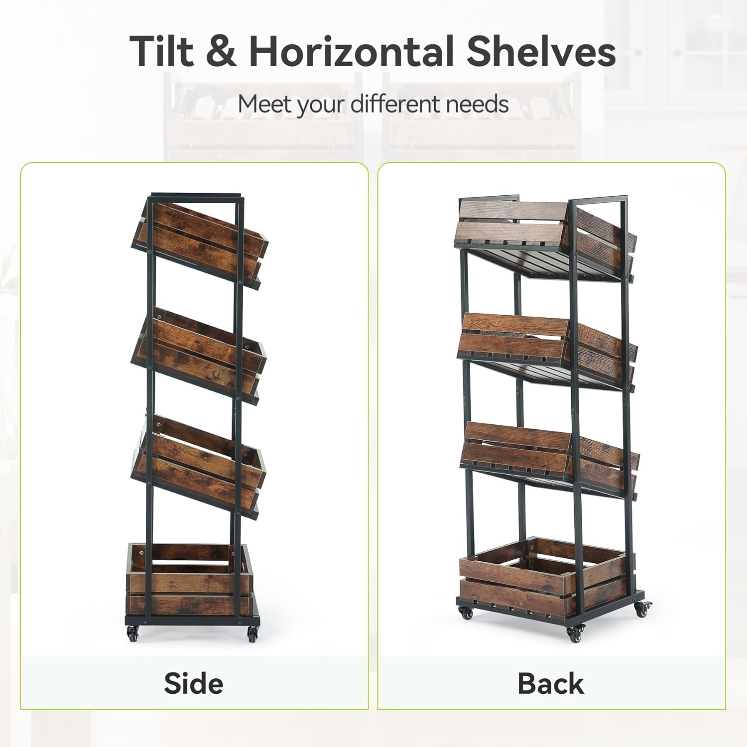 LITTLE TREE 4-Tier Wooden Kitchen Cart with Wheels, Mobile Fruit and Vegetable Storage, Utility Shelf, Organizer Rack for Pantry, Bedroom, Living Room (Brown) - Image 7