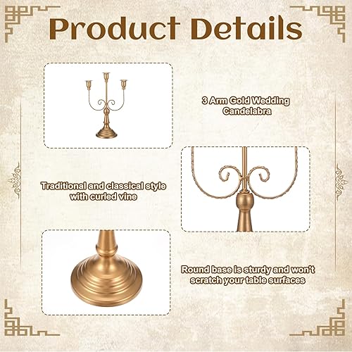 Miniatura 3 de 2 candelabros dorados, 3 brazos de 11.8 pulgadas, portavelas de metal para candelabros temáticos de fiesta, mesa, centro de mesa, decoración,