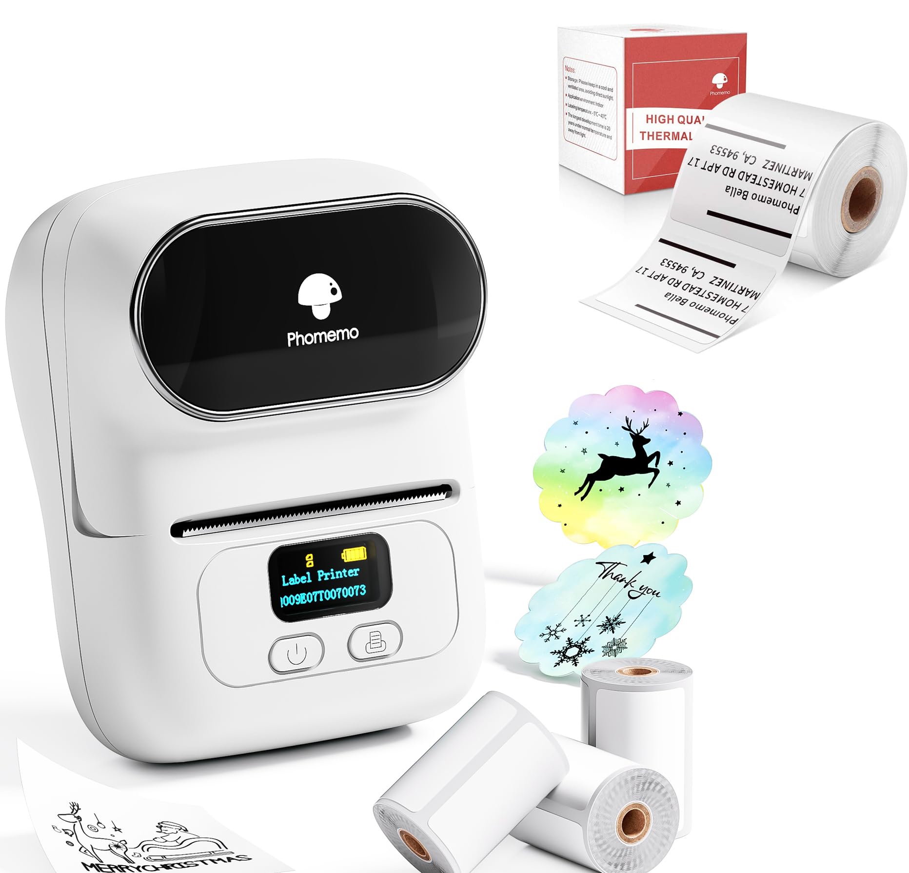 Phomemo M110 Etiquetadora Caja de Regalo con 4 Rollos de Etiquetas, Impresora de Etiquetas Adhesivas Bluetooth térmica portátil, para Uso en la Oficina, códigos de Barras, pequeñas Empresas, Tiendas