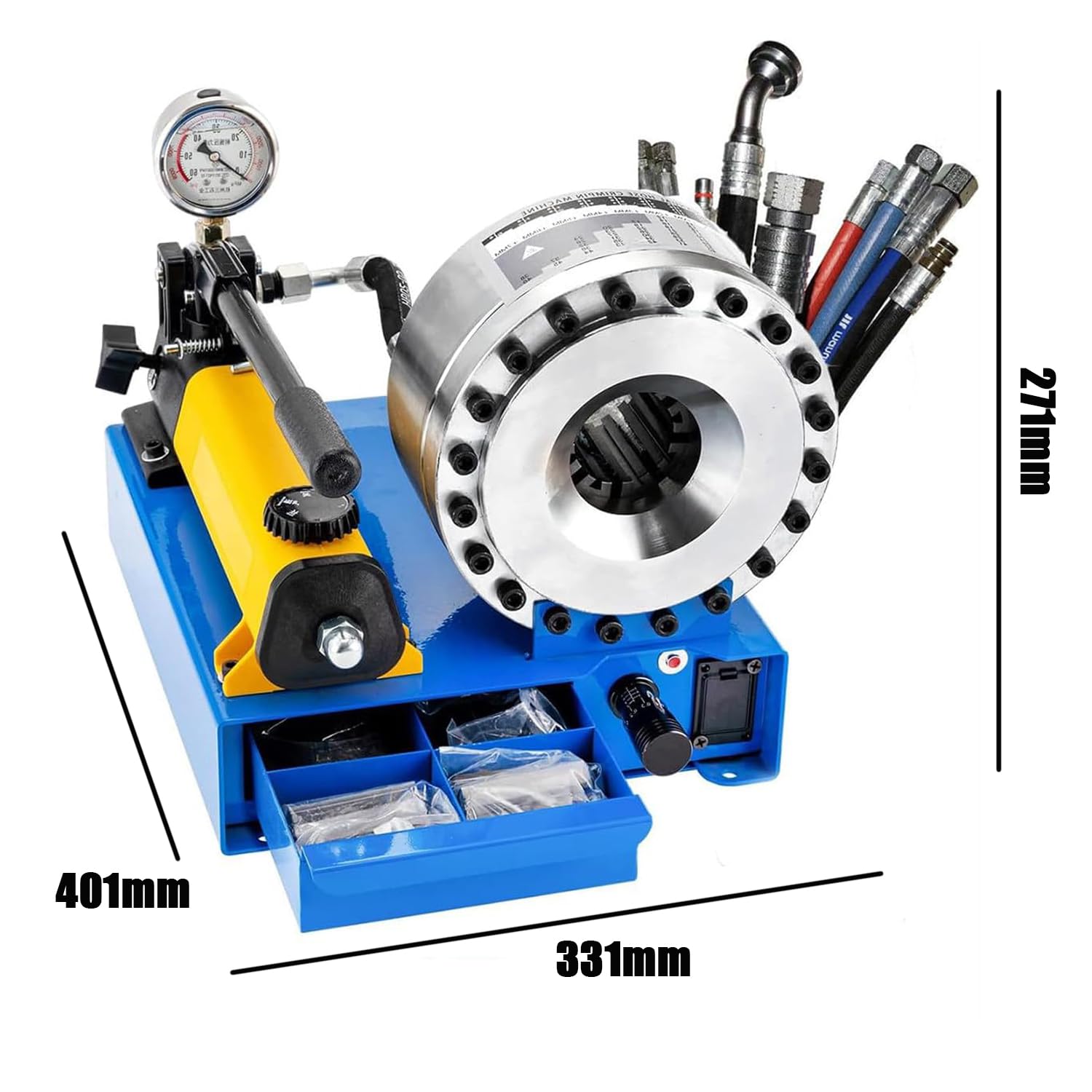 Prasa do zaciskania węży 35MPA, przenośna hydrauliczna prasa do zaciskania węży, zakres zaciskania 6-25 mm, z 7 zestawami matryc, otwór 10-12-16-19-23-27-31 mm, do części motocyklowych/narzędzi roln