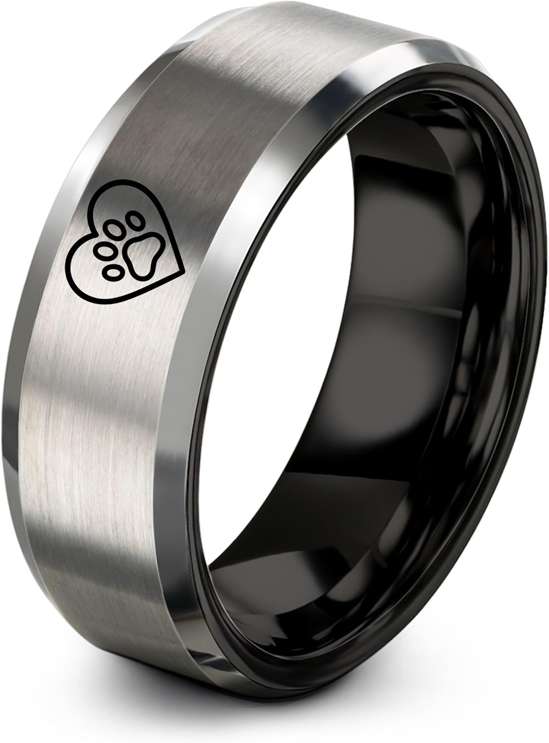 Paw Print Ring - Gift for Pet Lover - Anniversary Engagement Wedding - Personalized Custom Engraving - Gunmetal Black Silver - Band - 8mm - Tungsten Carbide - Flat Dome Bevel - Men Women