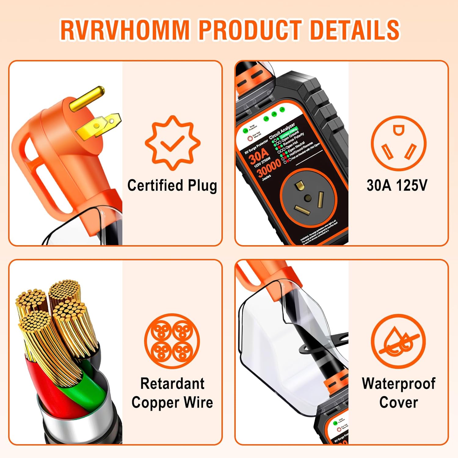 30000J 30Amp RV Surge Protector 30 Amp Flag Design - Upgraded Power Surges Voltage Protection Circuit Analyzer IP68 Waterproof Cover for 30A RVS Camper Trailer Must Haves (30Amp, Orange)