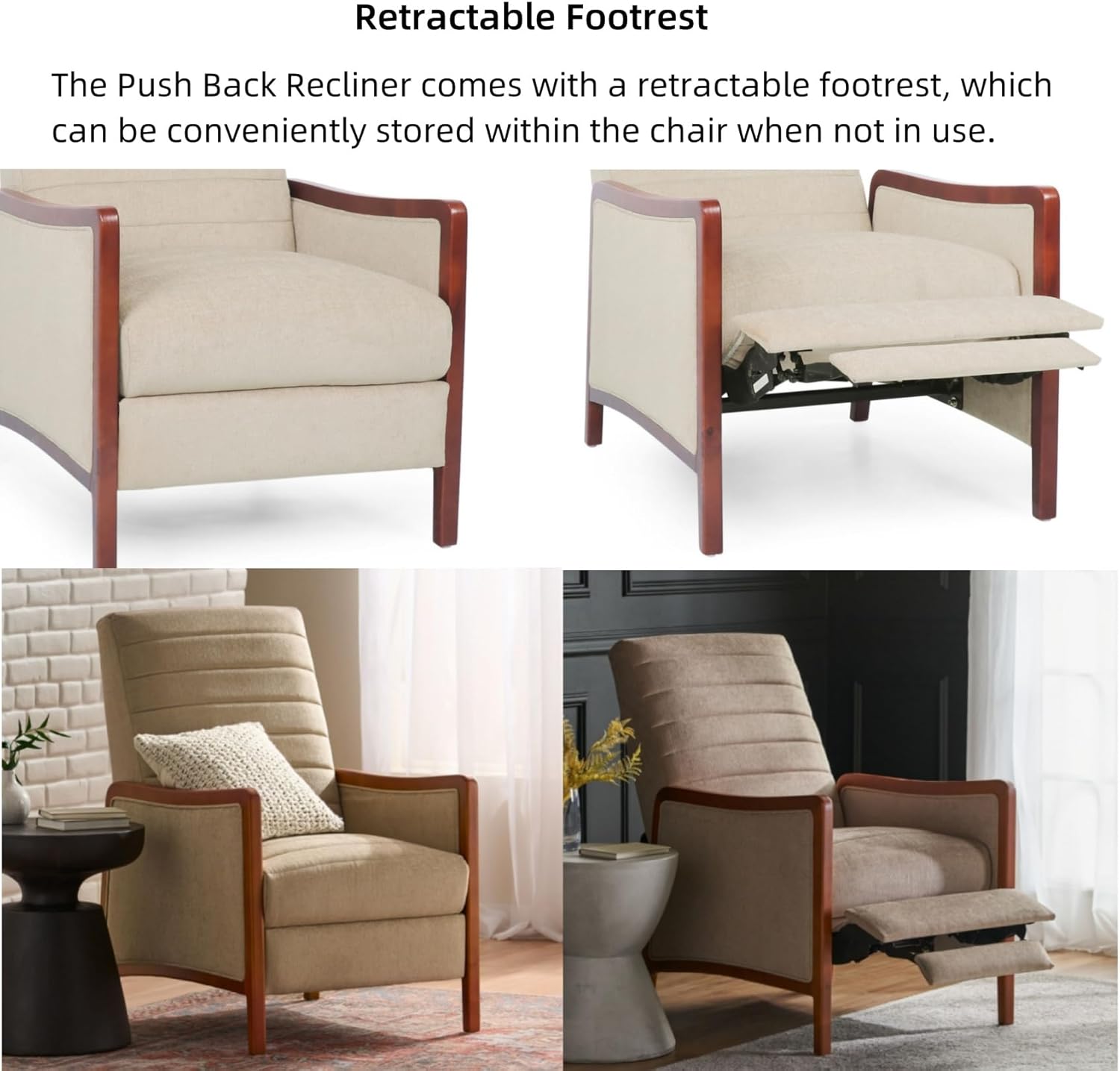 Merax Push Back Recliner Chair with Footrest, Reading Lounge Accent Lazy Sofa Seating for Living Room, Bedroom, Dorm, Mid-Century Modern Style, Dorm, Beige