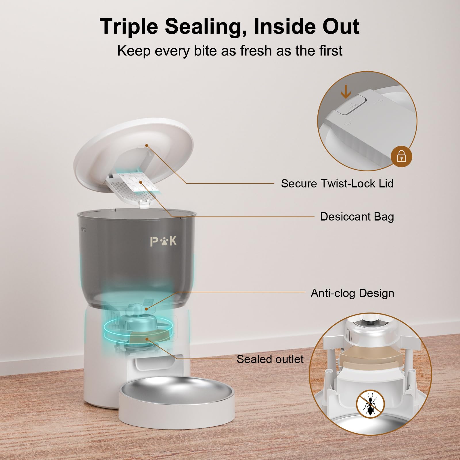 PUPPY KITTY Distributore Automatico Cibo Gatti, 2.4G WiFi 3L Dispenser Cibo Gatti con Ciotola in Acciaio Inox, 1-6 Pasti al Giorno