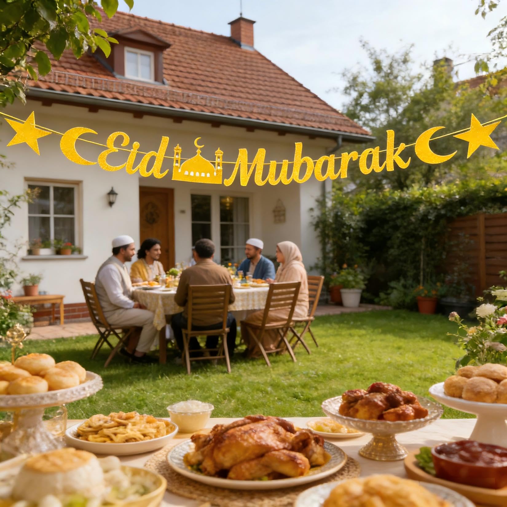 Eid Mubarak Banner, Gold Glittering Banner for Party Decorations Supplie Eid Mubarak Decoration Party Decoration Accessories - Image 3
