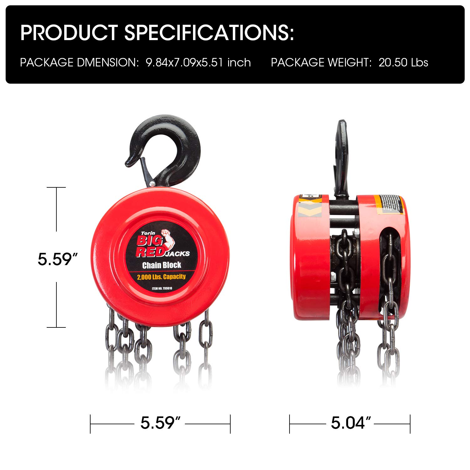 Big Red TR9010-3 Torin - Polipasto Manual de Cadena con 2 Ganchos Resistentes para almacén de maquinaria automotriz, Capacidad de 1 tonelada (2 Libras), Color Rojo