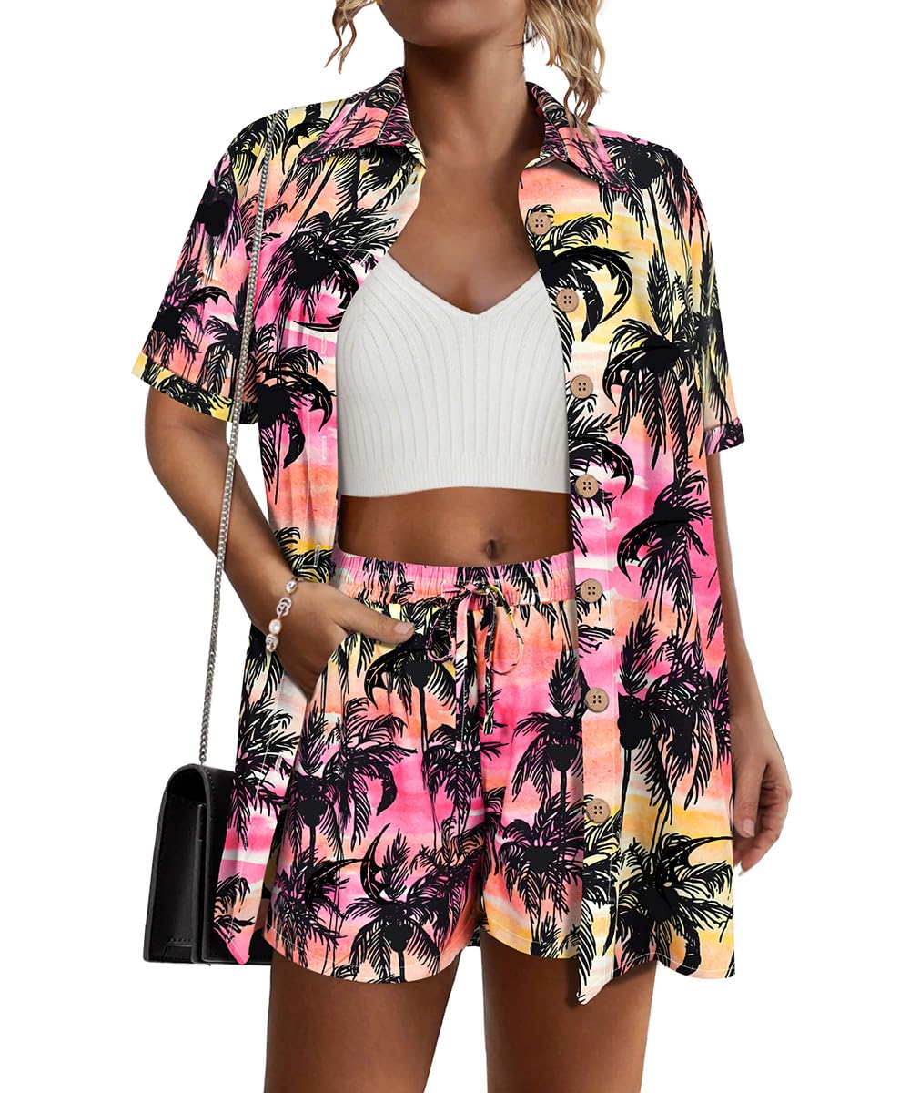 RITERA Womens Plus Size 2 Piece Outfits Cotton Linen Set Button Down Short Sleeve Shirt Drawstring Shorts Beach Vacation Sets