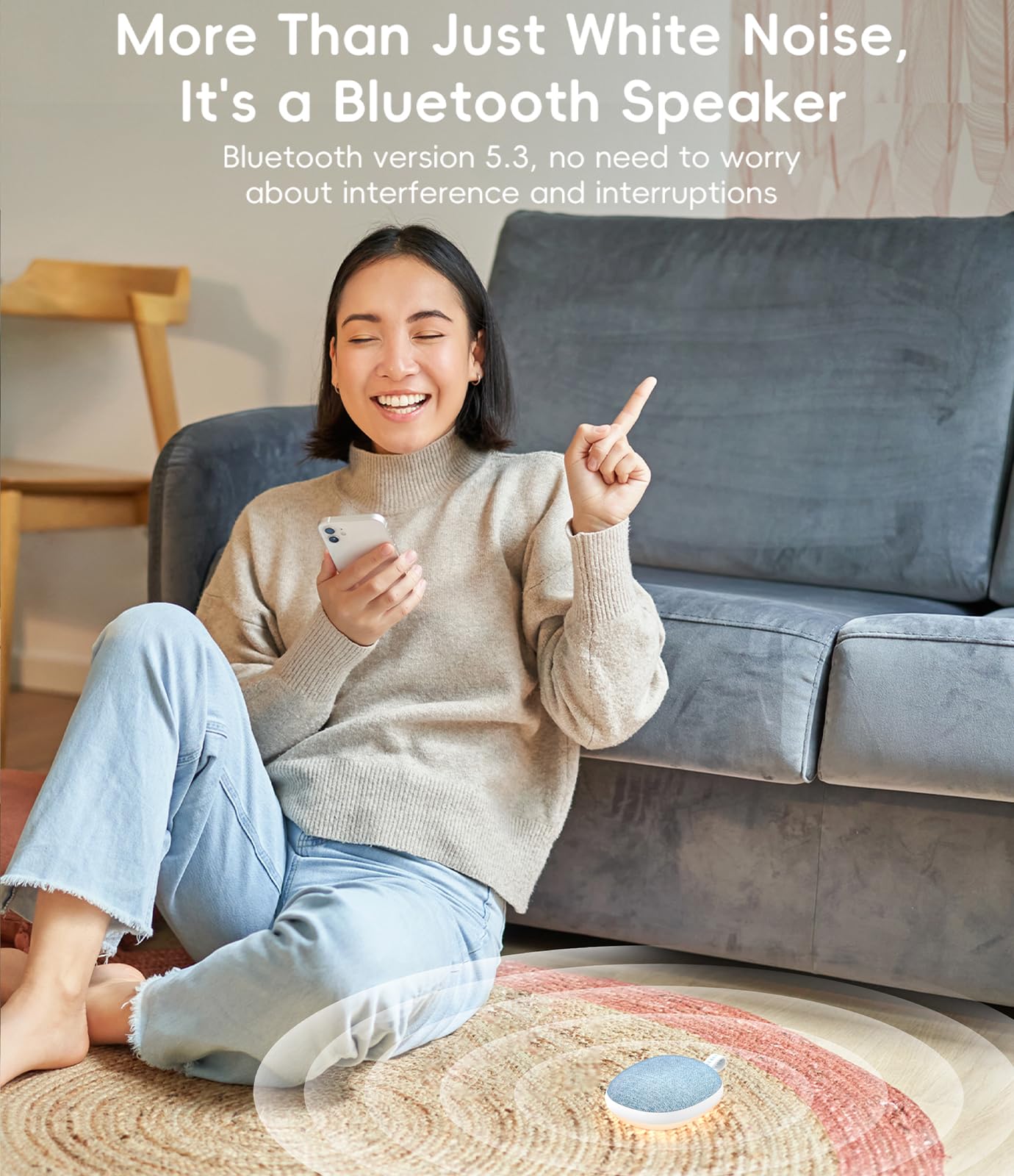 Macchina portatile a rumore bianco per adulti Baby & Travel - 6 suoni rilassanti, batteria a lunga durata da 1200 mAh, streaming musicale Bluetooth, luce notturna e dispositivo di aiuto per