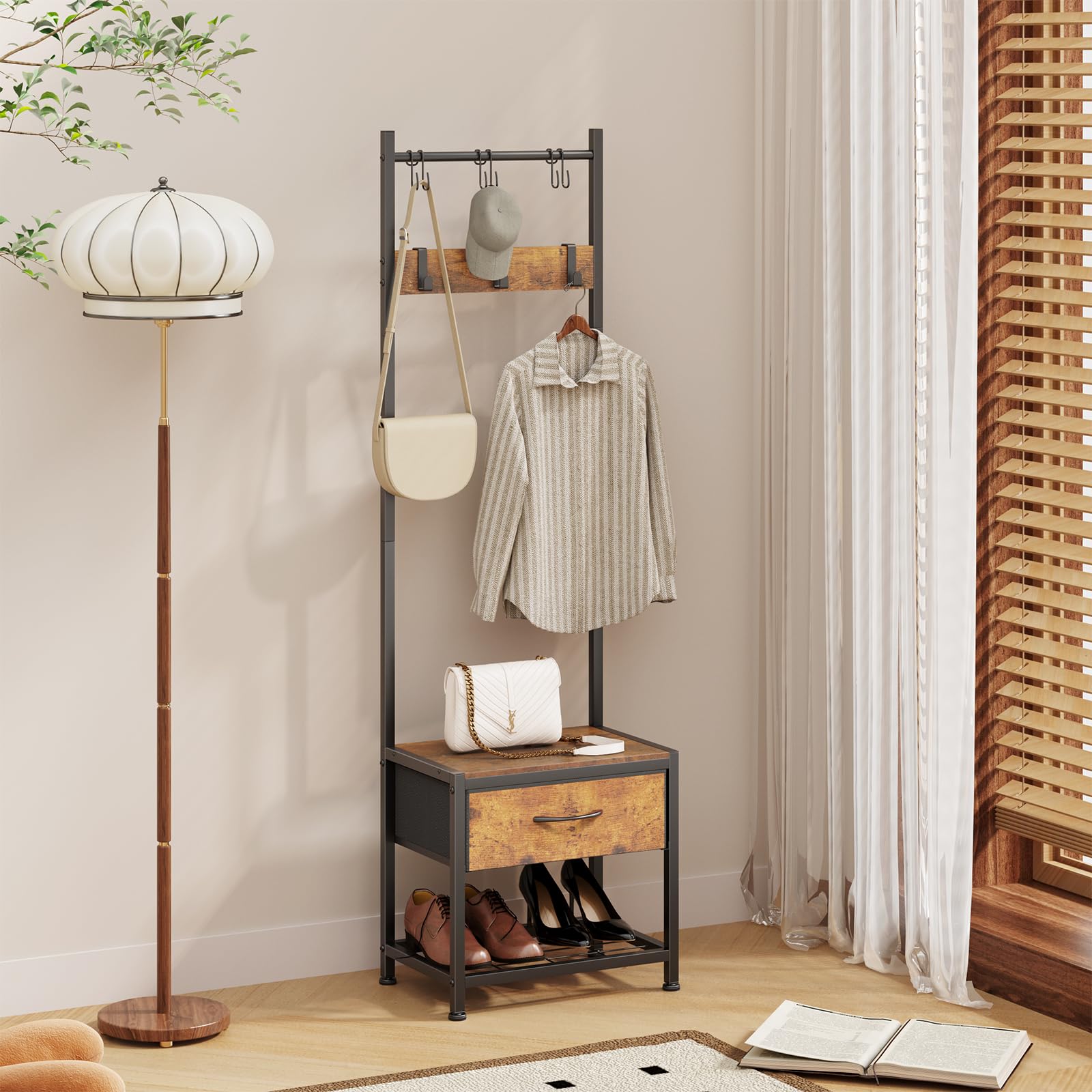 Leader Accesorios Perchero de Suelo Con Zapatero 3 en 1, Estable Con Ganchos Extraíbles para Ahorrar Espacio en el Pasillo y el Dormitorio - Marrón Rústico
