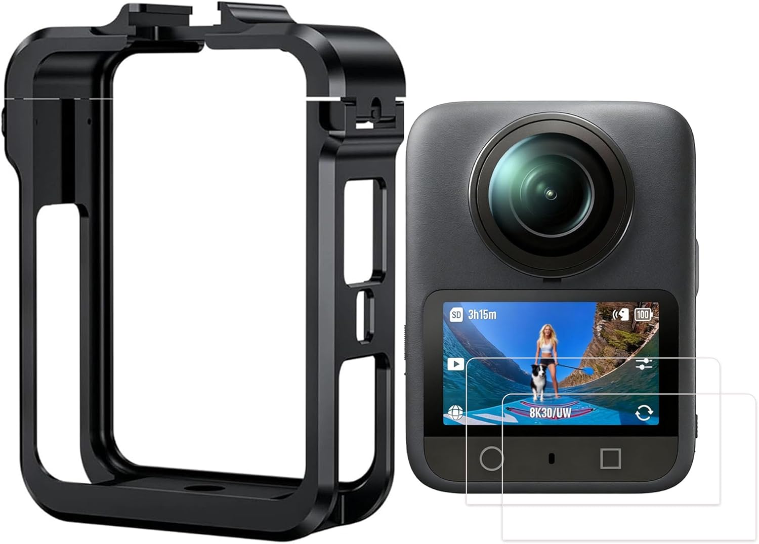 PCTC OSMO 360 Camera Cage, Magnetic Aluminum Frame Cage with 2 Packs Screen Protector for DJI OSMO 360 Accessories,Magnetic Quick Release Interface with 1 Cold Shoe Mount and 1/4" Threads