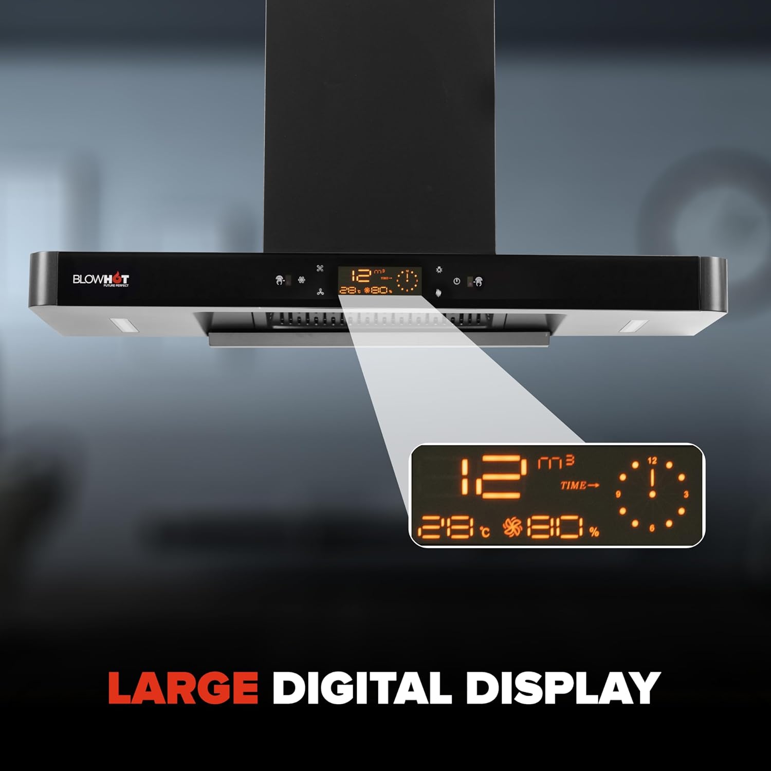 Close-up of the BLOWHOT Estella L Chimney's large digital display showing time, temperature, and fan speed.
