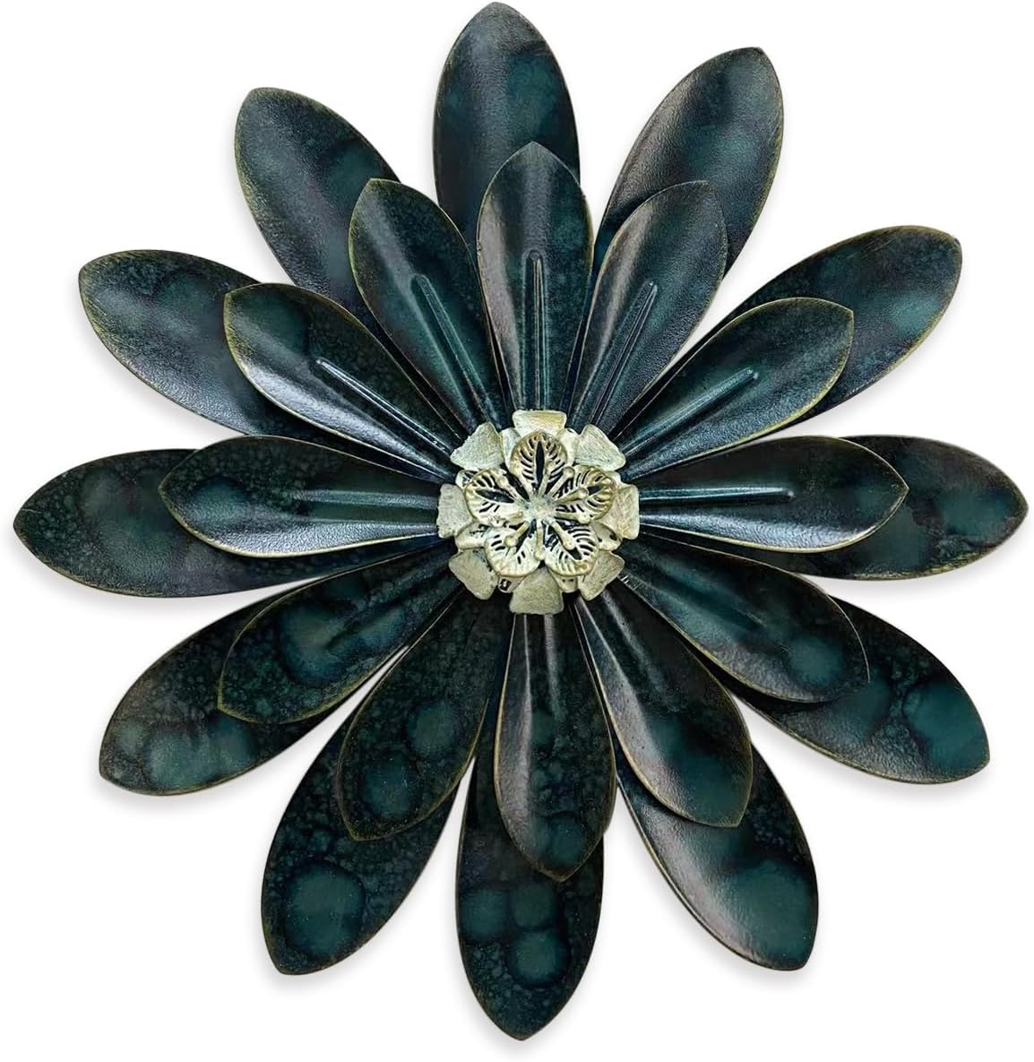 Metal Flower Wall Sculpture,12" Dark Blue Green Rustic Modern Floral Art