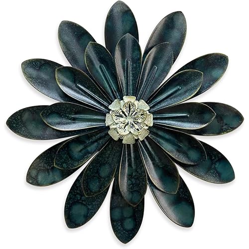 Metal Flower Wall Sculpture, 12" Rustic Modern Floral Artwork, Distressed 3D Layered Iron Flower Wall Hanging Accent for Indoor/Outdoor, Kitchen,Living Room Office Garden Decor (Dark Green)