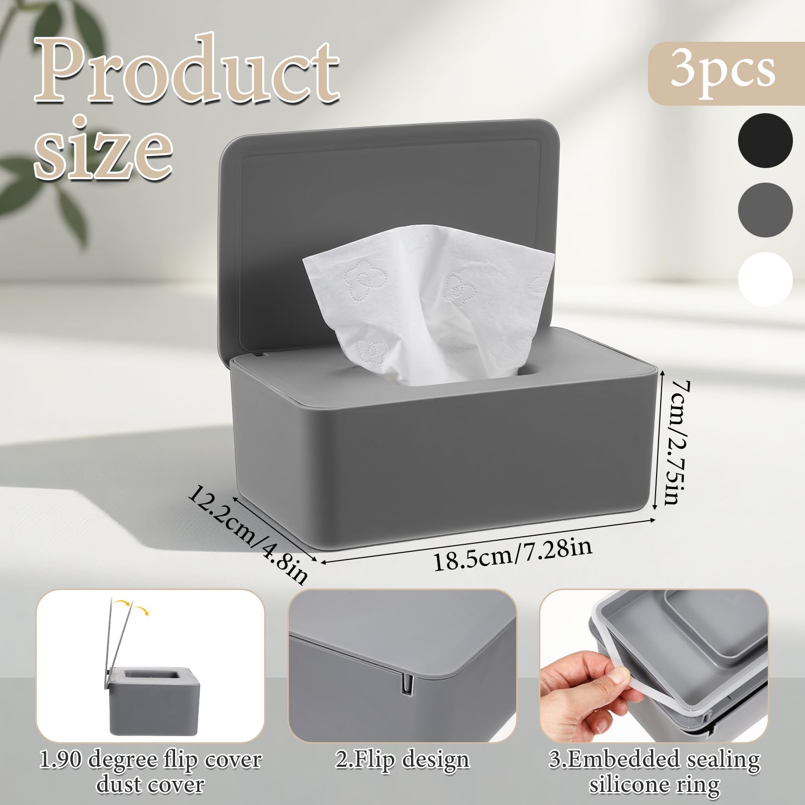 3 Stück Feuchttuchspender, nachfüllbarer Feuchttuchbehälter mit Deckel, 18 x 12 x 7 cm, wiederverwendbarer Tuchspender für Badezimmer, Küche, Schlafzimmer, Wohnzimmer, Büro, Auto (schwarz, weiß, grau)