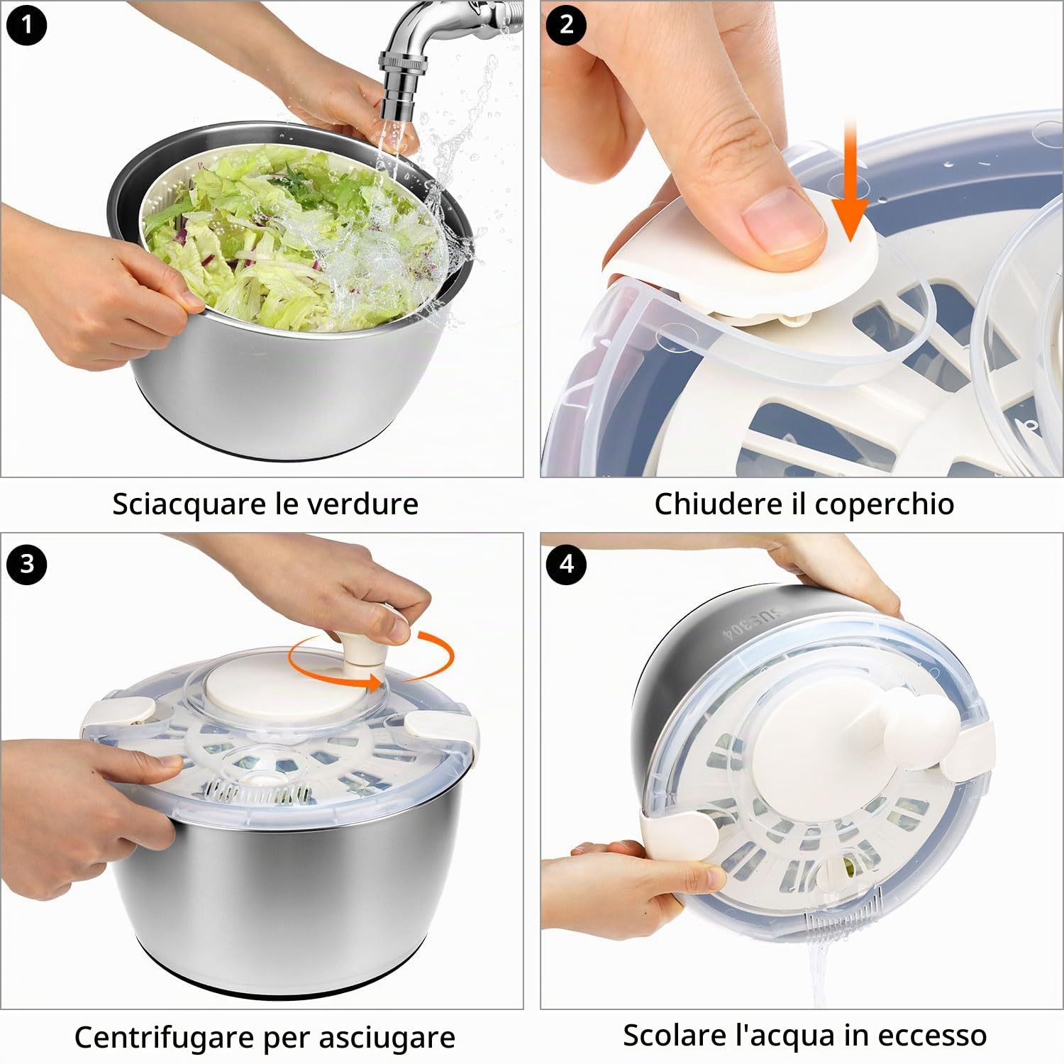 QWORK Centrifuga per Insalata in Acciaio Inossidabile 4,5L con Sistema Pressgriff e Ciotola Multifunzionale