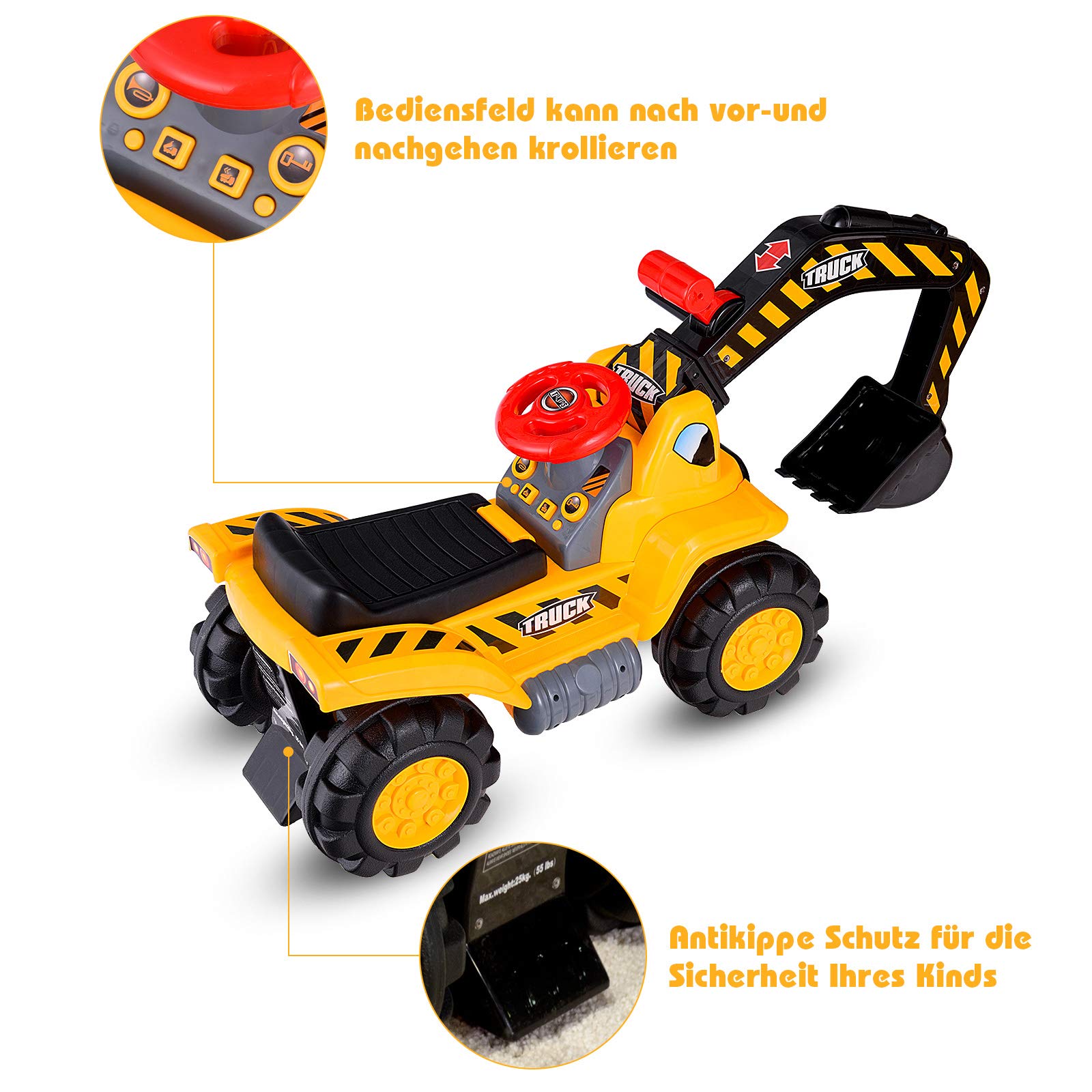 GOPLUS Sitzbagger Kinderbagger, Kinderfahrzeug Pedalfrei inkl. Schutzhelm und Künstlicher Steine, Sandspielzeug mit LED-Licht, Musik, Funktionstüchtiger Schaufelbagger für Kinder ab 3 Jahre