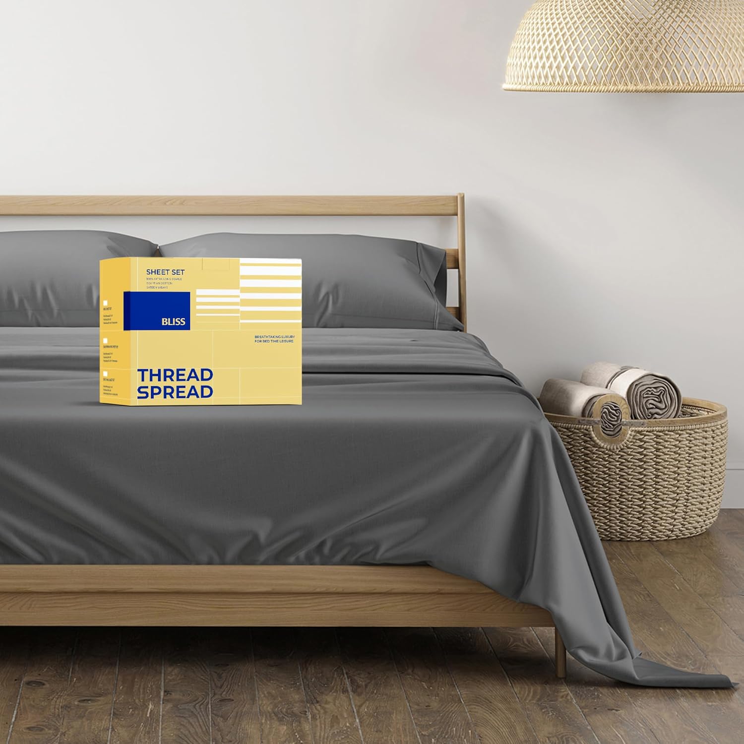 THREAD SPREAD Egyptian Cotton Sheets King Size - 600 Series Bliss Collection Sheets King Luxury Sheet King Size (4 PC, Dark Grey), 16" Deep Pocket, Soft, Cooling Sateen Hotel Bed Sheet Sets