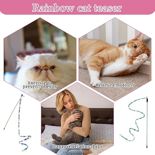 Miniatura 4 de 2 juguetes interactivos para gatos con vara arco iris, varita teaser para gatos y cuerdas, cinta colorida, poste fuerte y resistente con campanas